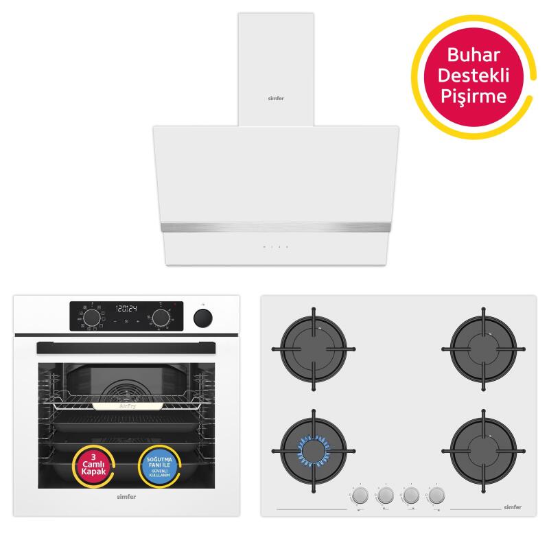 Simfer 11 Fonksiyon Steam Master Beyaz 3'lü Ankastre Set (8245 Fırın - 3654 Ocak - 8739 Davlumbaz) - 1