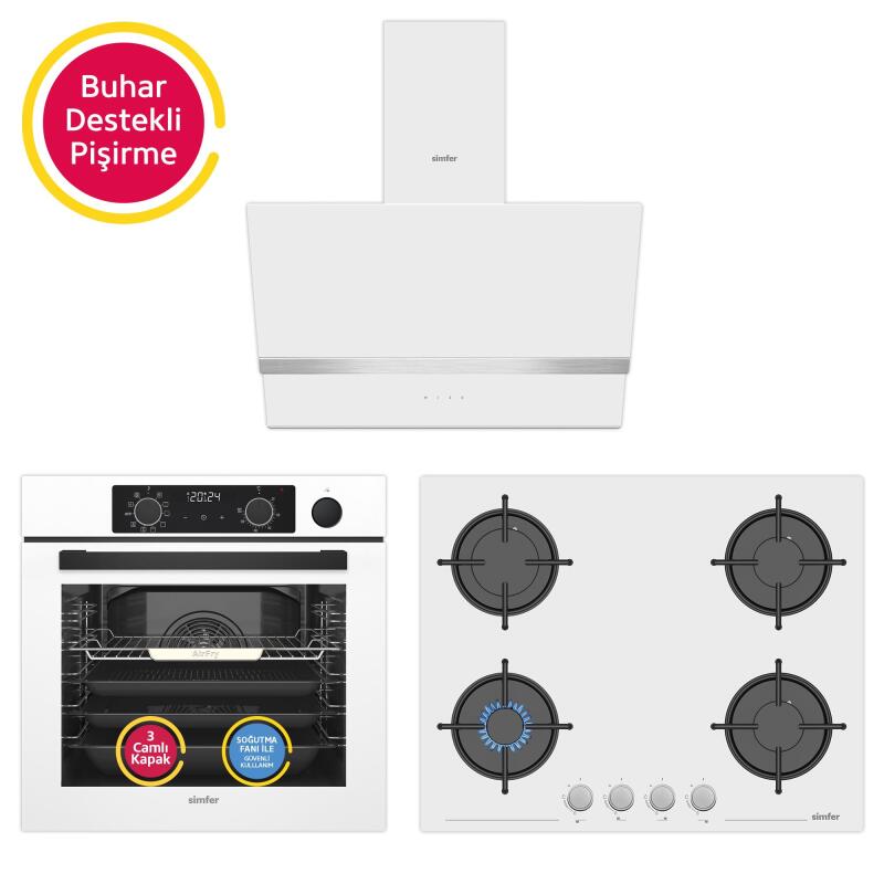 Simfer 11 Fonksiyon Steam Master Beyaz 3'lü Ankastre Set (8245 Fırın - 3654 Ocak - 8739 Davlumbaz) - 1