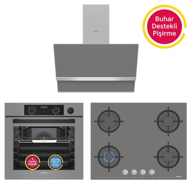 Simfer 11 Fonksiyon Steam Master Gri 3'lü Ankastre Set (8246 Fırın - 3656 Ocak - 8740 Davlumbaz) - 1