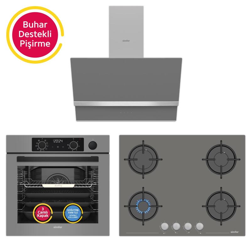 Simfer 11 Fonksiyon Steam Master Gri 3'lü Ankastre Set (Fırın + Ocak + Davlumbaz) - 1