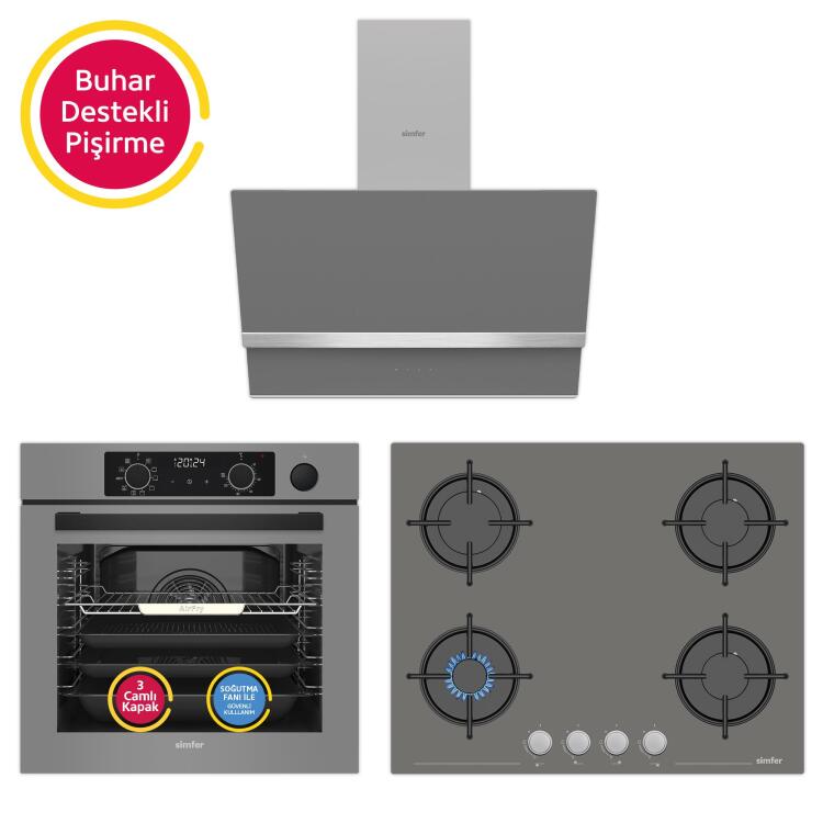 Simfer 11 Fonksiyon Steam Master Gri 3'lü Ankastre Set (8246 Fırın + 3656 Ocak + 8740 Davlumbaz) - Simfer