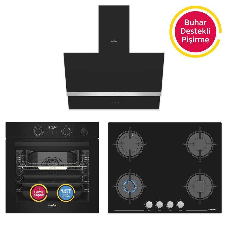 Simfer 11 Fonksiyon Steam Master Siyah 3'lü Ankastre Set (8244 Fırın - 3653 Ocak - 8738 Davlumbaz) - 1