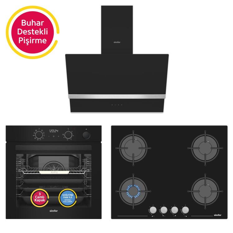 Simfer 11 Fonksiyon Steam Master Siyah 3'lü Ankastre Set (Fırın + Ocak + Davlumbaz) - Simfer