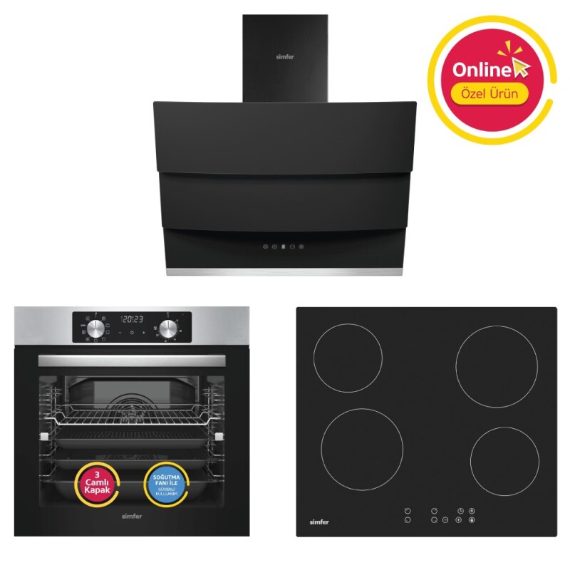 Simfer 10 Fonksiyon AirFry İnox Elektrikli 3'lü Ankastre Set (Fırın + Elektrikli Ocak + Davlumbaz) - 1