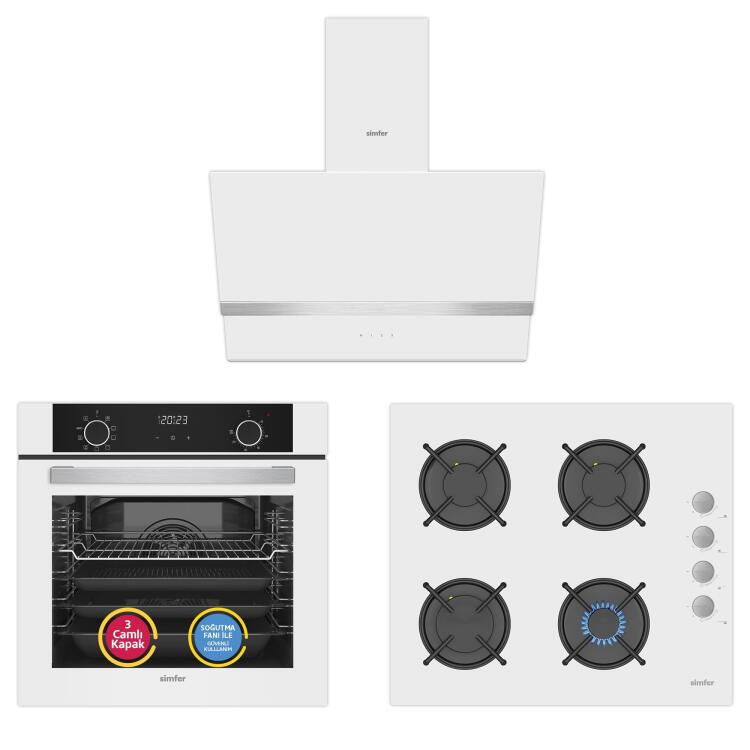 Simfer 10 Fonksiyon Airfry Beyaz 3'lü Ankastre Set (8216 Fırın + 3507 Ocak + 8739 Davlumbaz) - Simfer