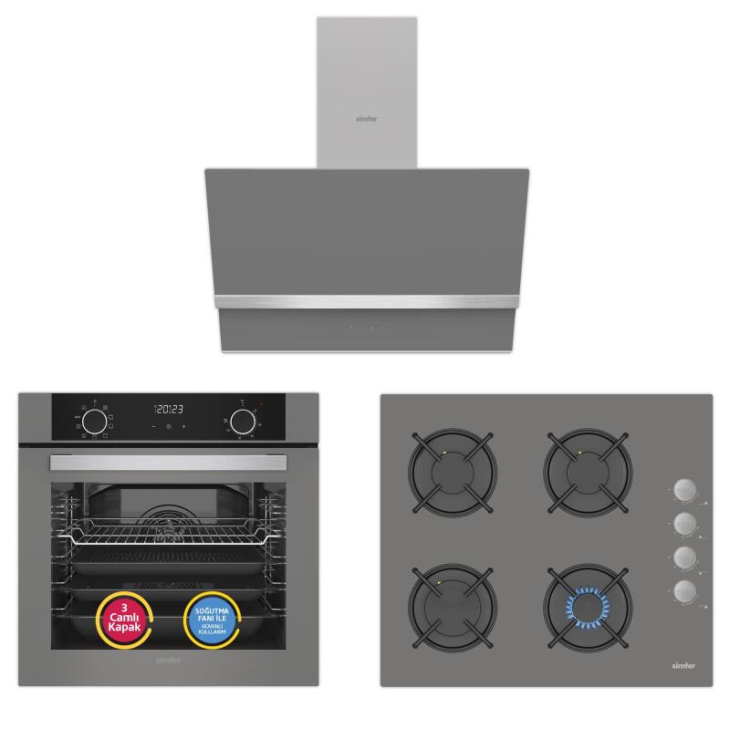 Simfer 10 Fonksiyon Airfry Gri 3'lü Ankastre Set (8217 Fırın + 3538 Ocak + 8740 Davlumbaz) - 1