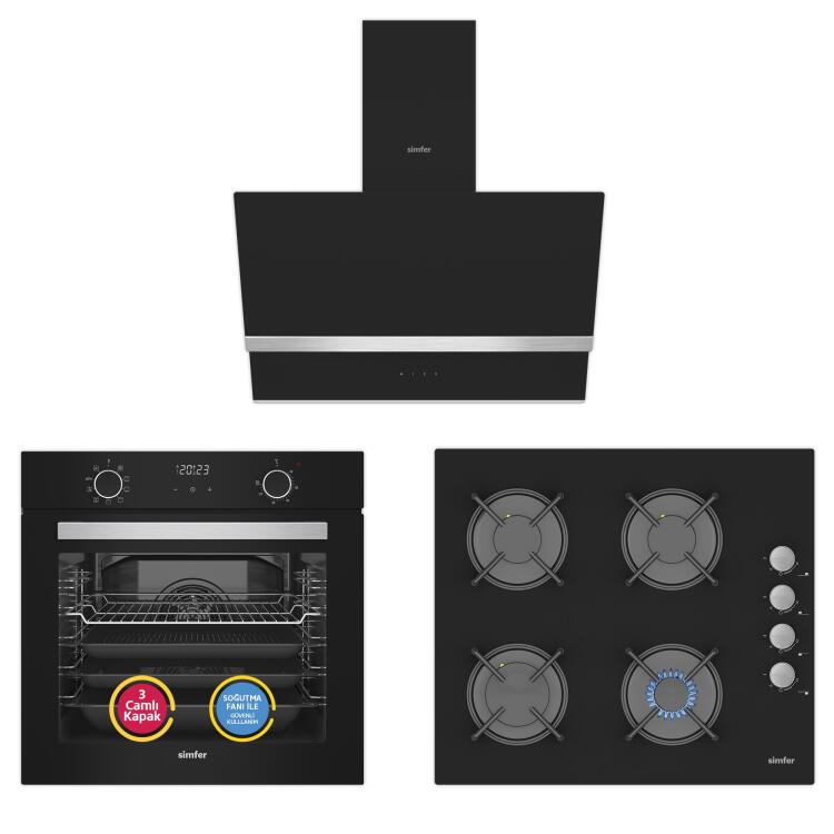 Simfer 10 Fonksiyon Airfry Siyah Dijital 3'lü Ankastre Set(8215 Fırın + 3500 Ocak + 8738 Davlumbaz) - Simfer