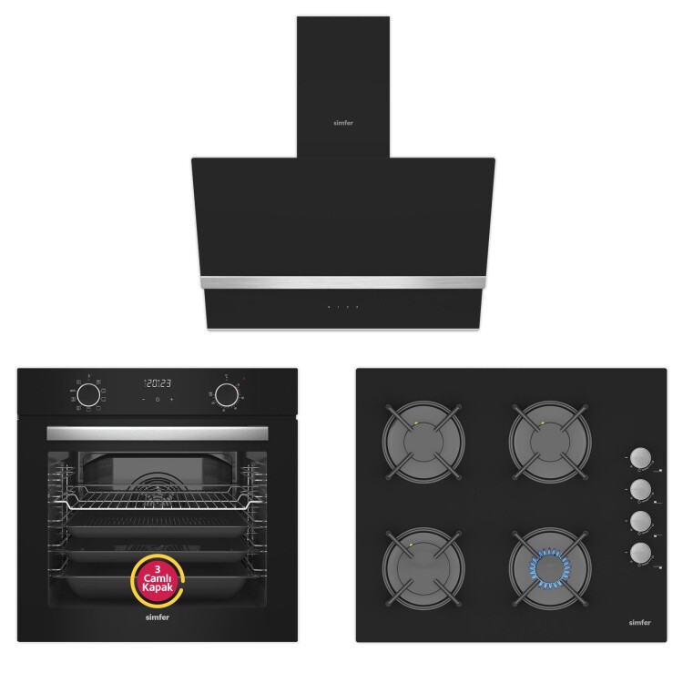 Simfer - Simfer 10 Fonksiyon Airfry Siyah Digital Ankastre Set (8215 Fırın + 3500 Ocak + 8738 Davlumbaz)