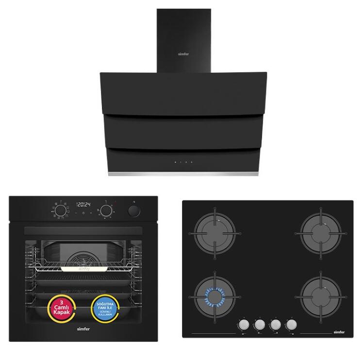 Simfer 11 Fonksiyon Steam Master Siyah 3'lü Ankastre Set(8244 Fırın + 3653 Ocak + 8678 Davlumbaz)) - 1