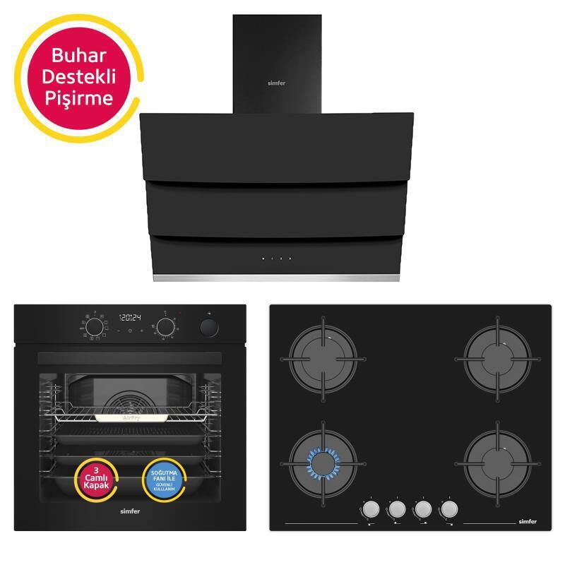 Simfer 11 Fonksiyon Steam Master Siyah 3'lü Ankastre Set (Fırın + Ocak + Davlumbaz) - 1