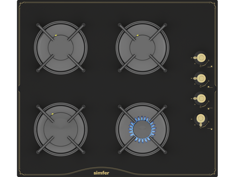 Simfer 3325 4 Gözlü Ankastre Retro Cam Ocak Emaye Izgara, LPG Dönüşümlü, 60 cm, Siyah - 1