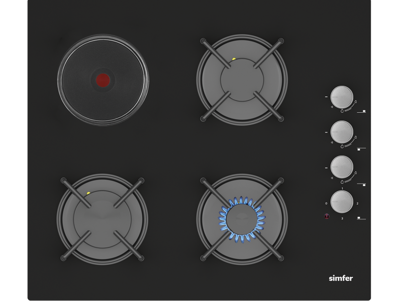 Simfer 3506 3 Gözü Gazlı + 1 Gözü Hotplate Cam Ankastre Ocak, LPG Dönüşümlü, 60 cm, Siyah - 1