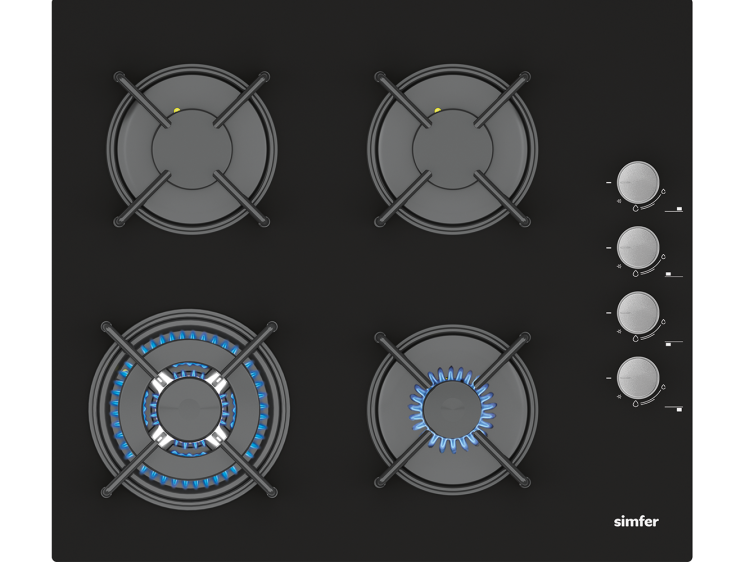 Simfer 3508 3 Gözü Gazlı + 1 Wok Cam Ankastre Ocak, LPG Dönüşümlü, 60 cm, Siyah - 1