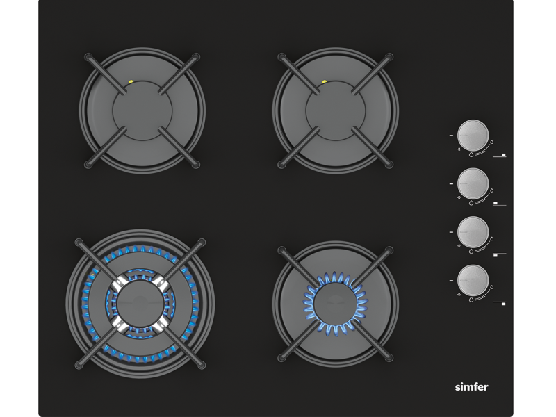 Simfer 3508 3 Gözü Gazlı + 1 Wok Cam Ankastre Ocak, LPG Dönüşümlü, 60 cm, Siyah - 1
