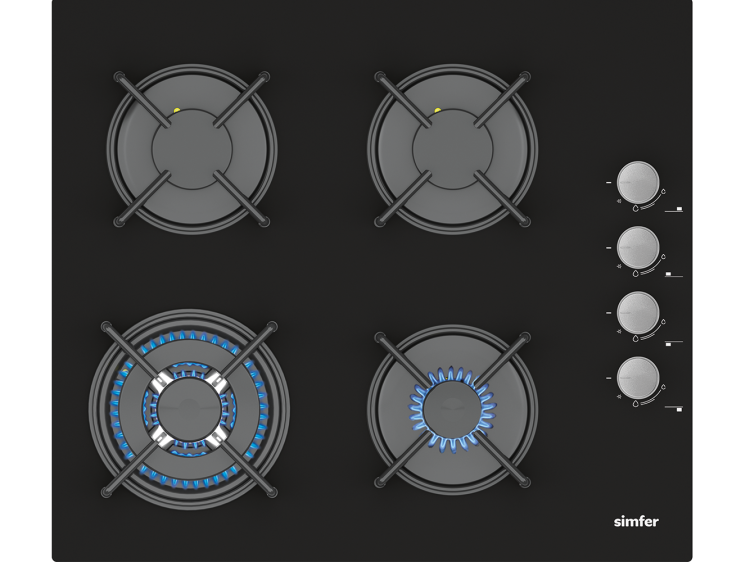 Simfer 3508 60CM Ankastre Siyah Cam Ocak 3G+1Wok Emaye Izgara - Simfer