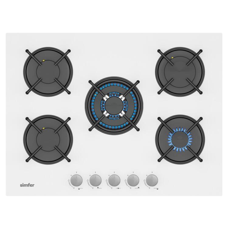 Simfer 3706 4 Gözü Gazlı + 1 Wok Cam Ankastre Ocak, LPG Dönüşümlü, 70 cm, Beyaz - 1
