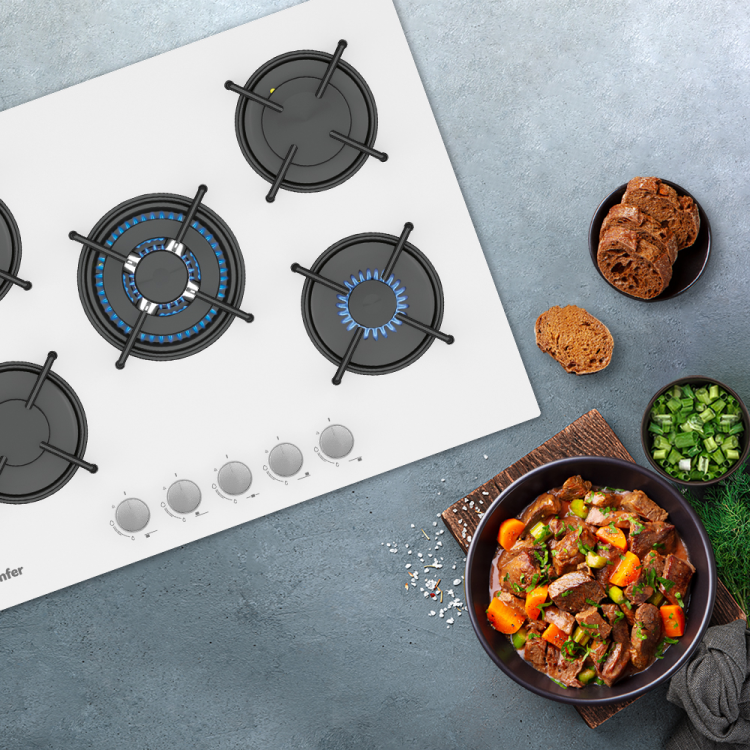 Simfer 3751-N 70CM Ankastre Beyaz Cam Ocak 4G+1Wok Emaye Izgara - 2