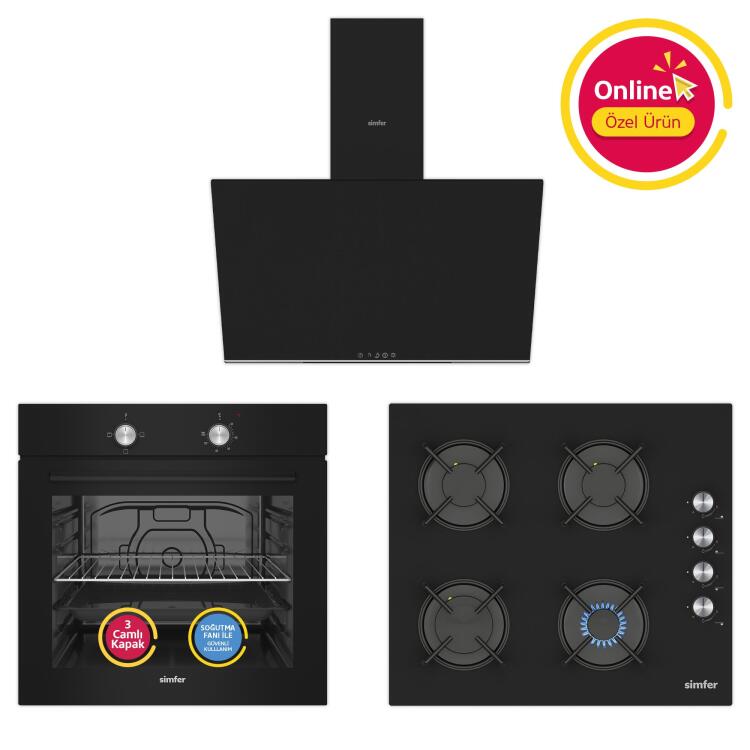 Simfer 4 Fonksiyon Trend Siyah Cam 3'lü Ankastre Set (Fırın + Ocak + Davlumbaz) - Simfer