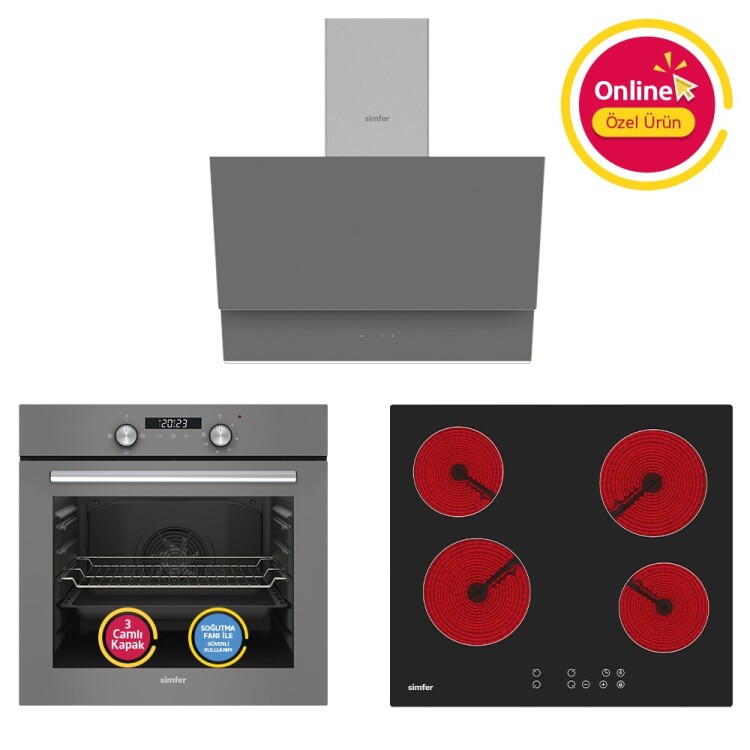 Simfer 4 Fonkisyon Trend Dijital Gri Power Turbo Elektrikli 3'lü Ankastre Set (Fırın + Elektrikli Ocak + Davlumbaz) - 1