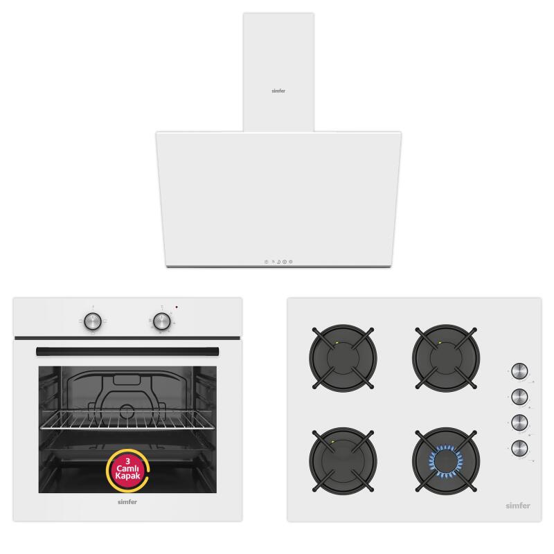 Simfer 4 Fonksiyon Trend Beyaz Cam 3'lü Ankastre Set(Fırın + Ocak + Davlumbaz) - 2