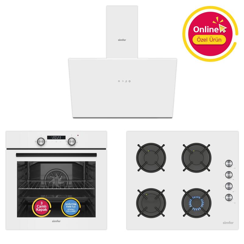 Simfer 4 Fonksiyon Trend Dijital Beyaz Power Turbo 3'lü Ankastre Set (8231 Fırın + 3048 Ocak + 8722 Davlumbaz) - 1