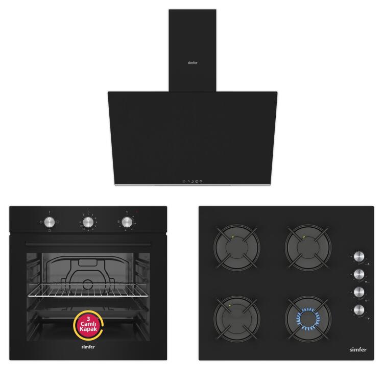 Simfer 4 Fonksiyon Trend Mekanik Siyah Cam 3'lü Ankastre Set (8254 Fırın + 3046 Ocak + 8727 Davlumbaz) - 2