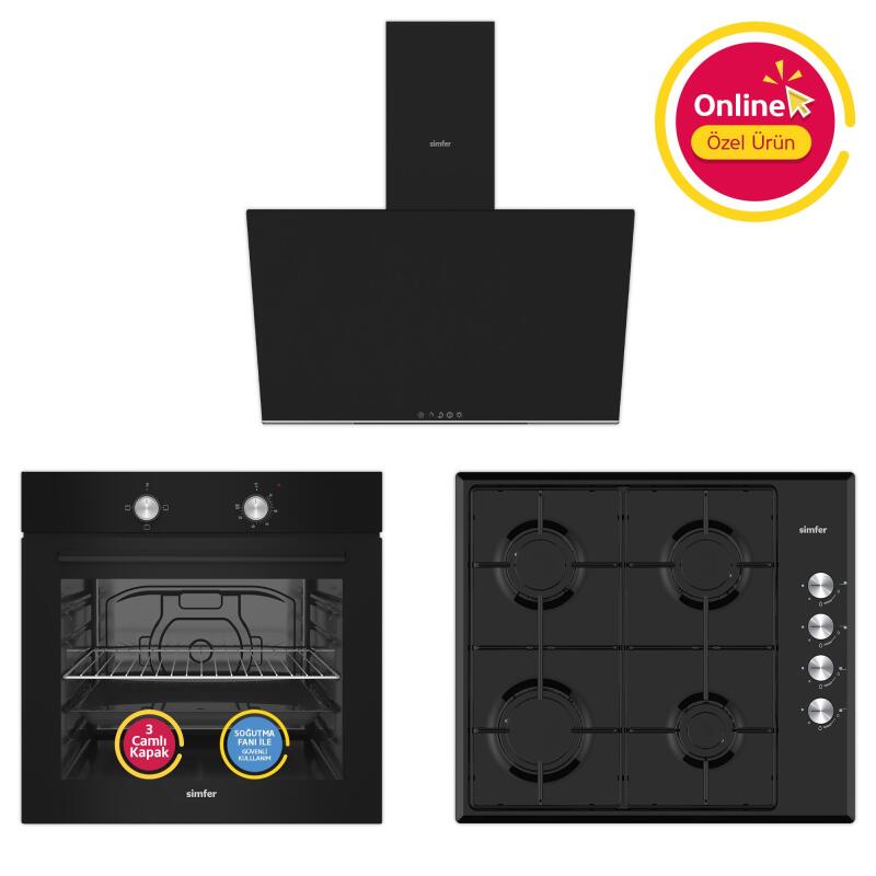 Simfer 4 Fonksiyon Trend Siyah Metal 3'lü Ankastre Set (Fırın + Ocak + Davlumbaz) - 1
