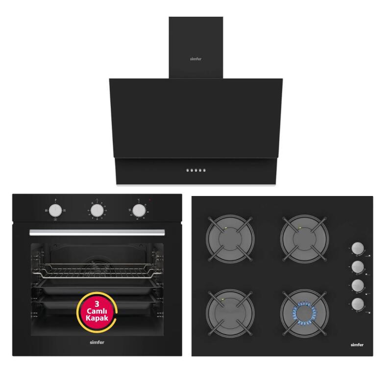 Simfer 4 Fonksiyon Siyah Power Turbo 3'lü Ankastre Set (8205 Fırın + 3500 Ocak + 8708 Davlumbaz) - 1