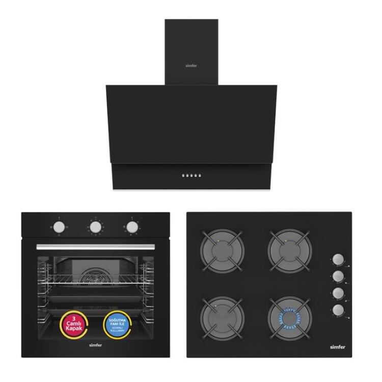 Simfer 4 Fonksiyon Siyah Power Turbo 3'lü Ankastre Set (8205 Fırın + 3500 Ocak + 8708 Davlumbaz) - Simfer