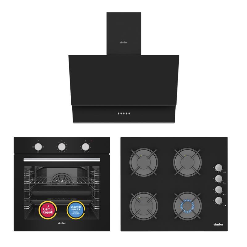 Simfer 4 Fonksiyon Siyah Power Turbo 3'lü Ankastre Set (8205 Fırın + 3500 Ocak + 8708 Davlumbaz) - 1