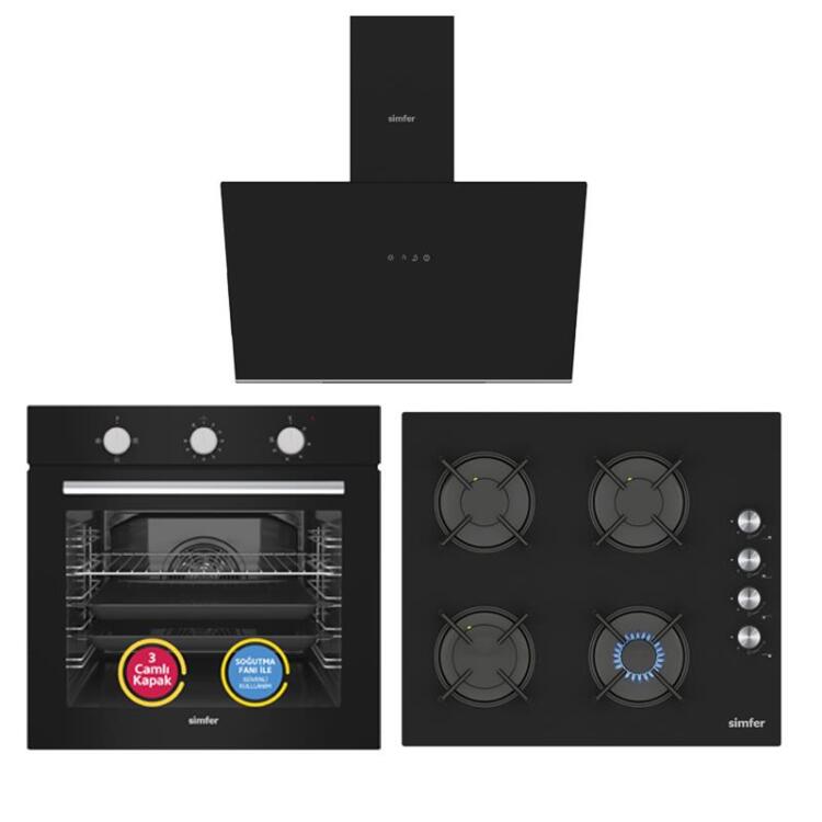 Simfer 4 Fonksiyon Mekanik Siyah Power Turbo 3'lü Ankastre Set(8205 Fırın + 3046 Ocak + 8721 Davlumbaz) - 1
