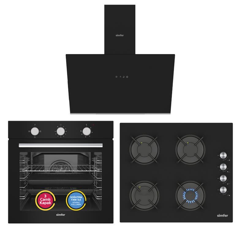 Simfer 4 Fonksiyon Mekanik Siyah Power Turbo 3'lü Ankastre Set (Fırın + Ocak + Davlumbaz) - 1