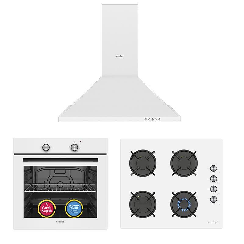 Simfer 4 Fonksiyon Trend Beyaz Cam 3'lü Ankastre Set ( Fırın - Ocak - Davlumbaz) - 1