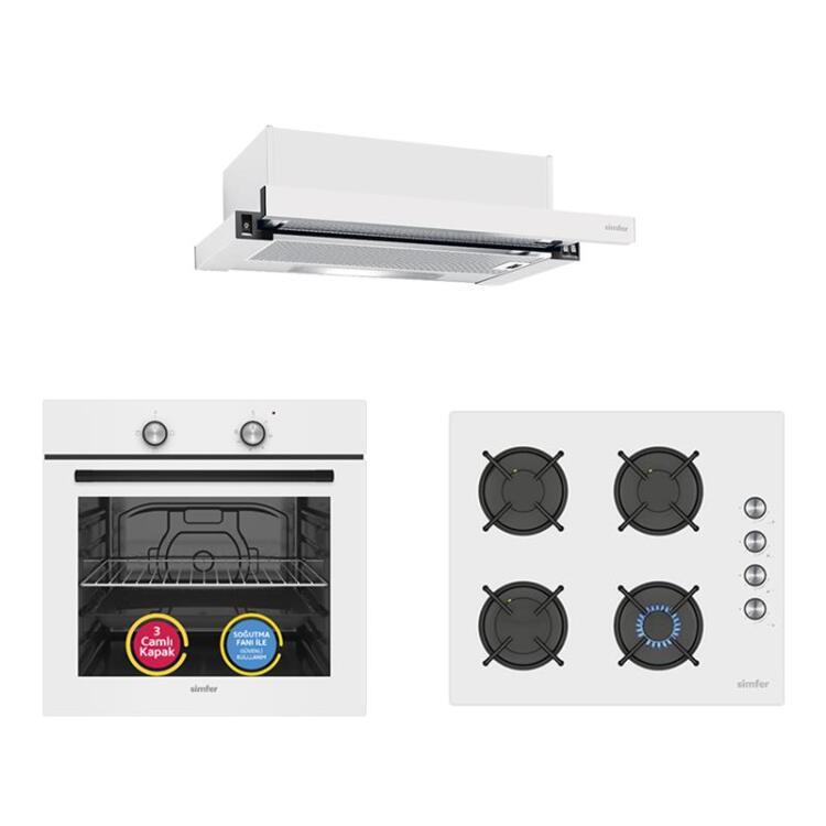 Simfer 4 Fonksiyon Trend Beyaz Cam 3'lü Ankastre Set(8253 Fırın+3048 Ocak+8510 Davlumbaz) - 1