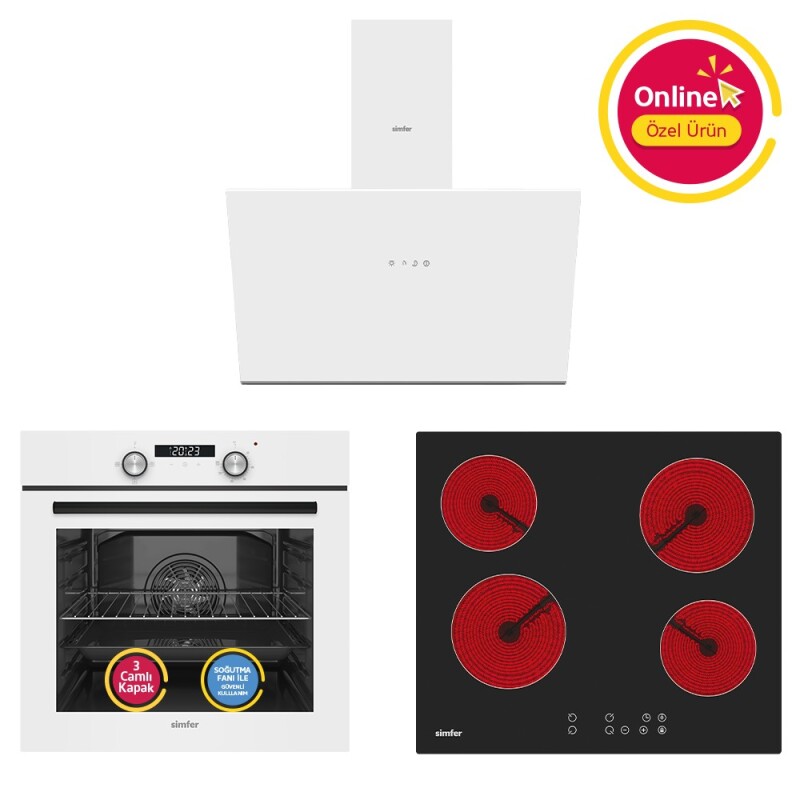 Simfer 4 Fonksiyon Trend Dijital Beyaz Power Turbo Elektrikli 3'lü Ankastre Set (Fırın + Elektrikli Ocak + Davlumbaz) - 1