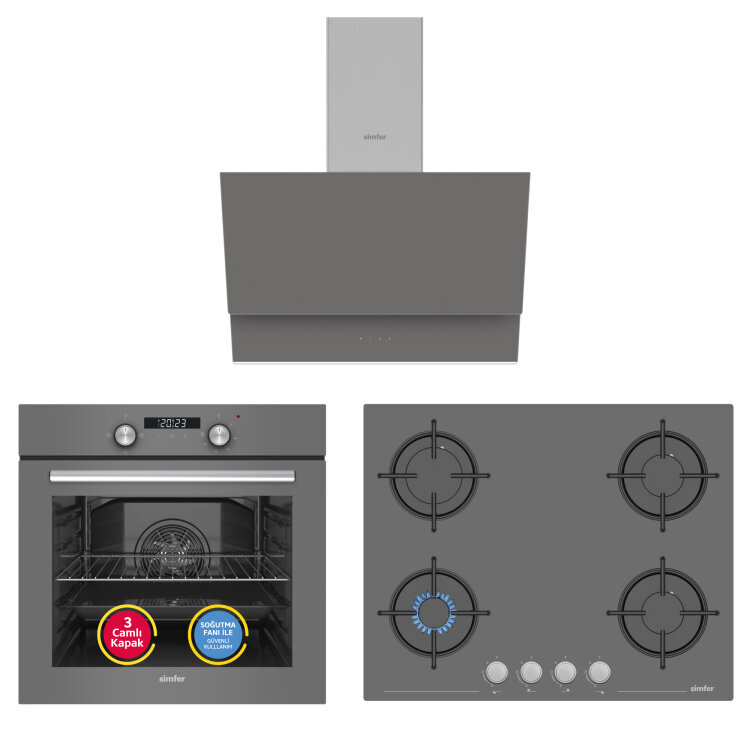 Simfer 4 Fonksiyon Trend Dijital Silver Power Turbo 3'lü Ankastre Set ( Fırın + Ocak + Davlumbaz) - 