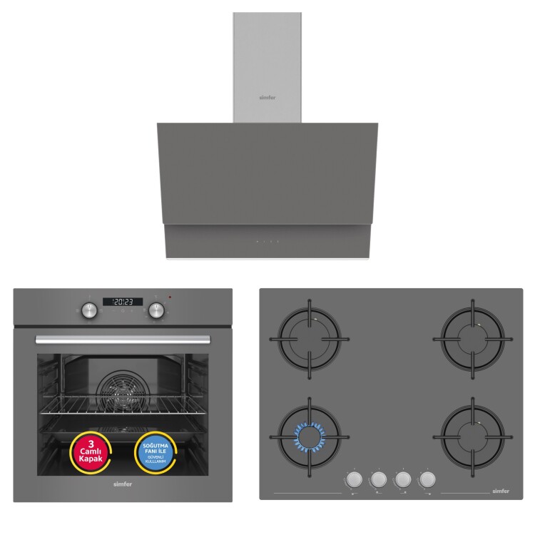 Simfer 4 Fonksiyon Trend Dijital Silver Power Turbo 3'lü Ankastre Set ( Fırın + Ocak + Davlumbaz) - Simfer