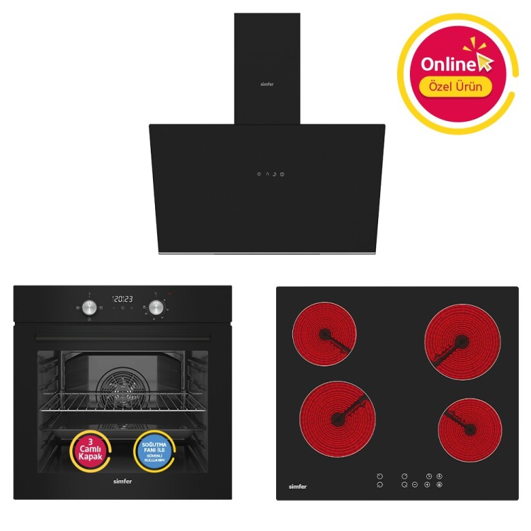 Simfer 4 Fonksiyon Trend Dijital Siyah Power Turbo Elektrikli 3'lü Ankastre Set (Fırın + Elektrikli Ocak + Davlumbaz) - 1