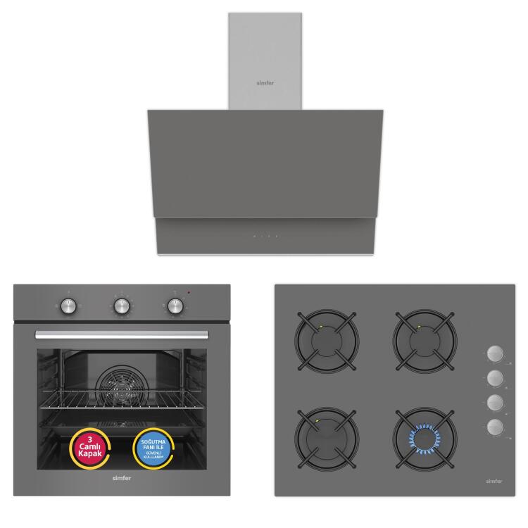 Simfer 4 Fonksiyon Trend Mekanik Silver Cam Power Turbo 3'lü Ankastre Set (8224 Fırın + 3537 Ocak + 8705 Davlumbaz) - Simfer