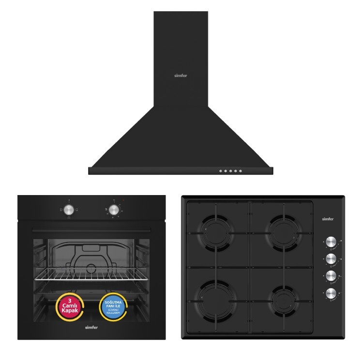 Simfer 4 Fonksiyon Trend Mekanik Siyah 3'lü Ankastre Set (Fırın + Ocak+ Davlumbaz) - 1