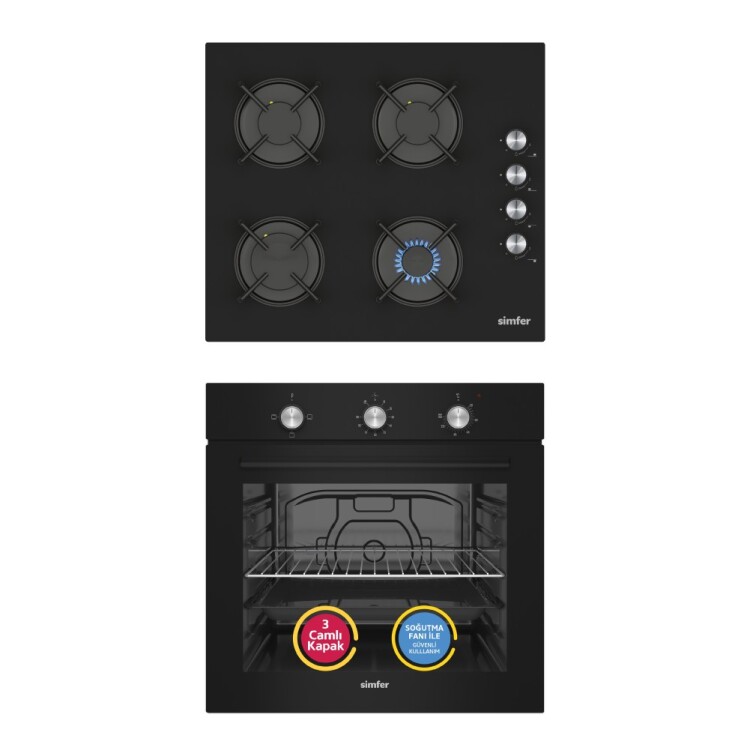 Simfer 4 Fonksiyon Trend Mekanik Siyah Cam 2'li Ankastre Set (8254 Fırın + 3046 Ocak) - 1