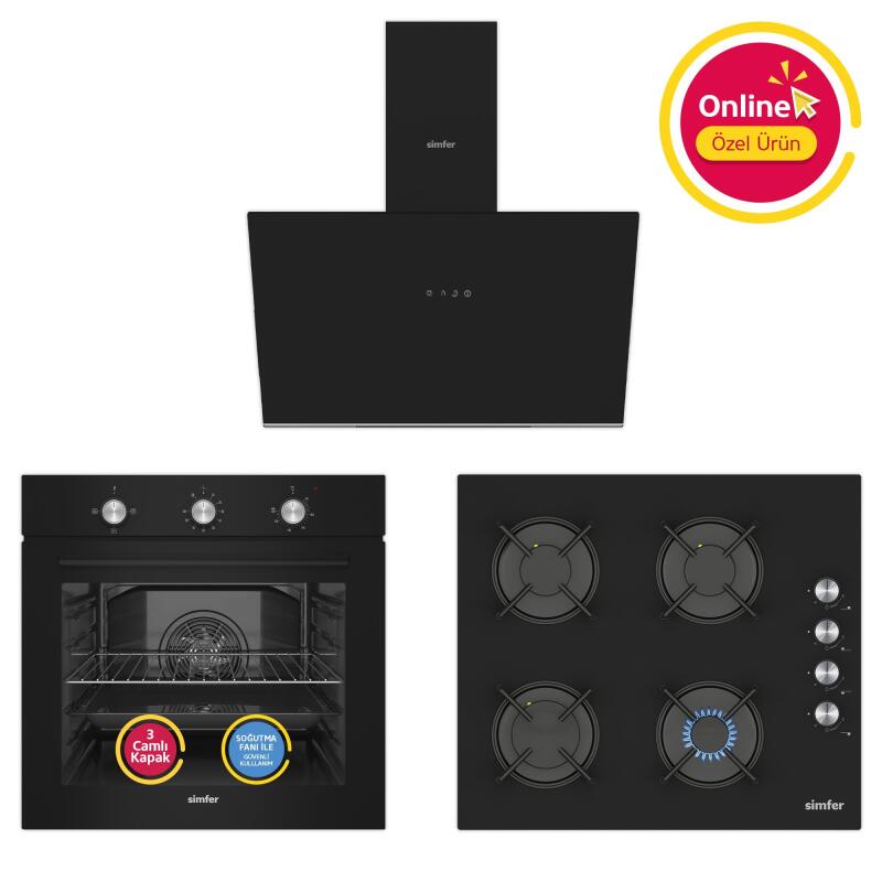Simfer 4 Fonksiyon Trend Mekanik Siyah Power Turbo 3'lü Ankastre Set (8228 Fırın + 3046 Ocak + 8721 Davlumbaz) - 1