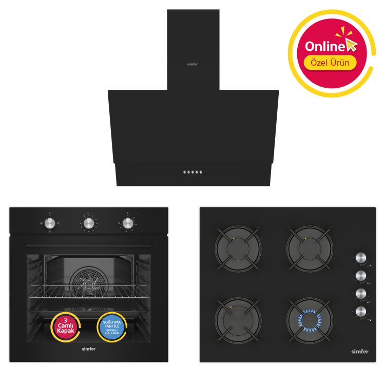 Simfer 4 Fonksiyon Trend Mekanik Siyah Power Turbo 3'lü Ankastre Set (8228 Fırın + 3046 Ocak + 8708 Davlumbaz) - Simfer