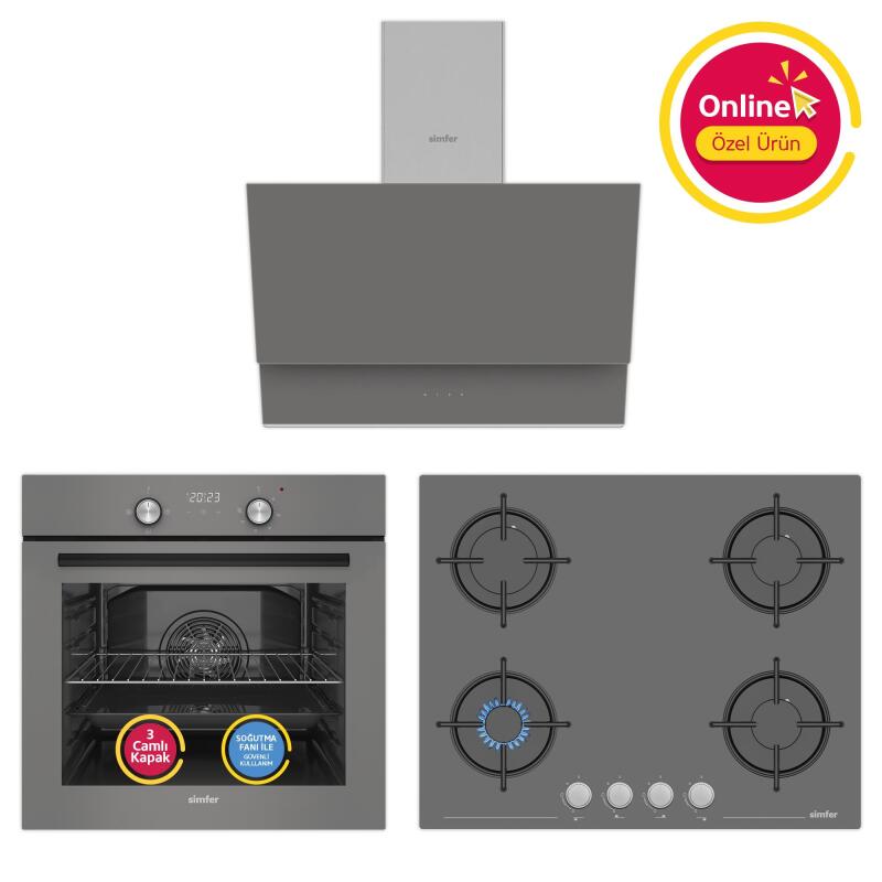 Simfer 4 Fonksiyon Trend Dijital Silver Power Turbo 3'lü Ankastre Set (Fırın + Ocak + Davlumbaz) - 1