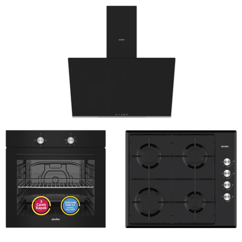 Simfer 4 Fonksiyon Trend Siyah Cam 3'lü Ankastre Set - 1