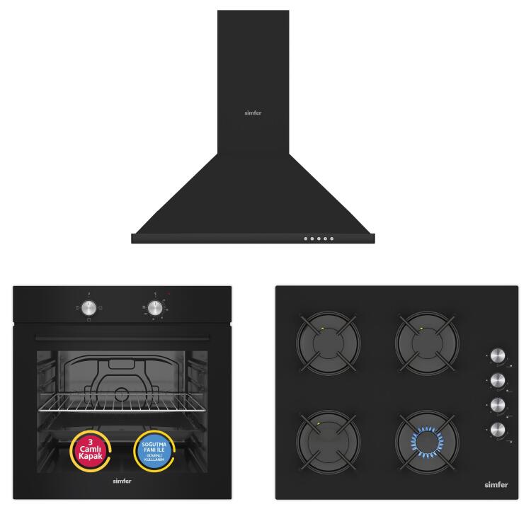 Simfer 4 Fonksiyon Trend Siyah Cam 3'lü Ankastre Set - Simfer