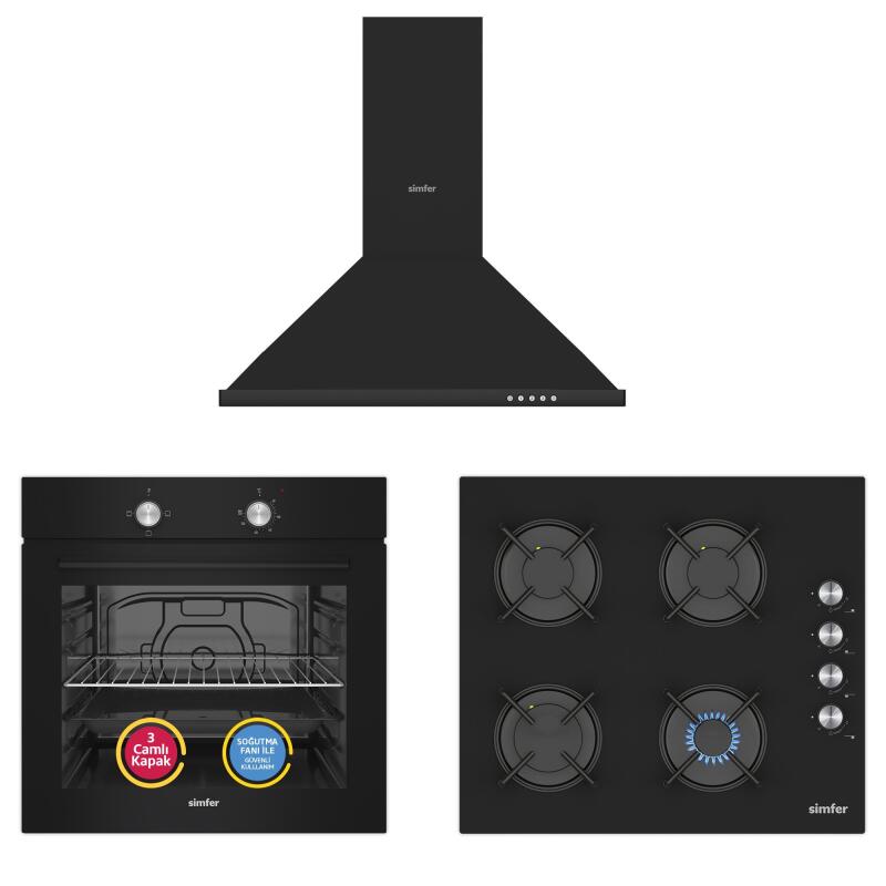 Simfer 4 Fonksiyon Trend Siyah Cam 3'lü Ankastre Set - 1