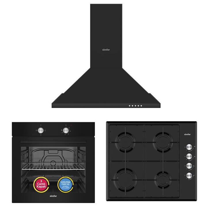 Simfer 4 Fonksiyon Trend Siyah Metal 3'lü Ankastre Set ( Fırın - Ocak - Davlumbaz) - Simfer