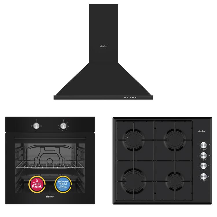 Simfer 4 Fonksiyon Trend Siyah Metal 3'lü Ankastre Set ( Fırın - Ocak - Davlumbaz) - Simfer