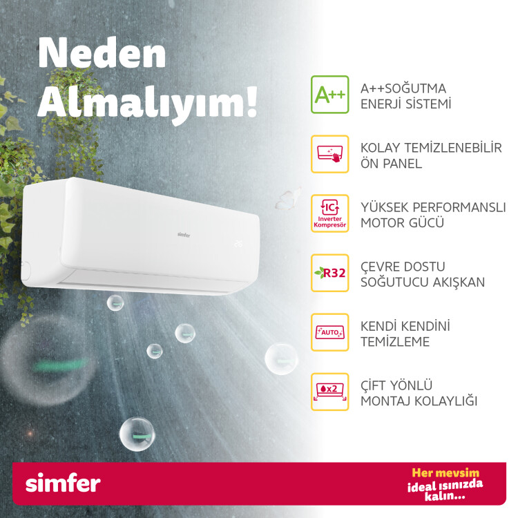 Simfer SV-4100I Split Klima A++ Inverter 9.000 Btu R32 Gaz Gizli Gösterge - 7